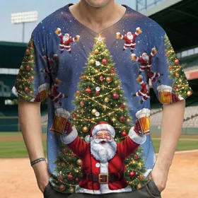 Santa Claus Beer Steins Snowy Village Scene - Christmas Celebration Baseball Jersey