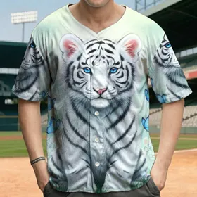Blue-Eyed White Tiger Cubs Floral Butterfly Meadow - Wildlife Lover Gift Baseball Jersey