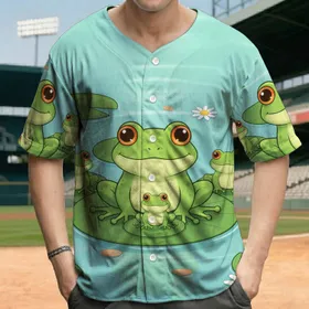 Friendly Cartoon Frogs Lily Pad Pond - Nature Lover Gift for Frog Enthusiast Baseball Jersey