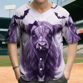 Purple Highland Cow with Bats and Spiderwebs - Halloween Spooky Season Gift Baseball Jersey
