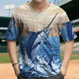 Blue Marlin Ocean Leap Whitecapped Waves Open Sky Vista - Wildlife Lover Gift Baseball Jersey