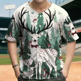 Spotted Antler Deer Evergreen Trees Fawns Mushrooms - Nature Lover Gift Baseball Jersey