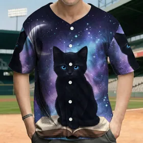 Black Kitten Open Book Moon Stars Cosmic Night Sky - Mystical Fantasy Gift Baseball Jersey