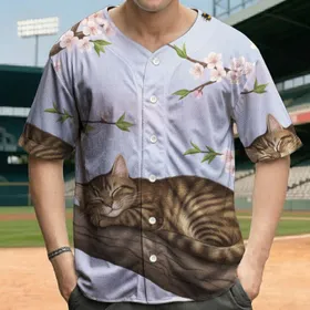 Brown Tabby Cat Cherry Blossom Sky - Wildlife Lover Gift for Cat Lovers Baseball Jersey