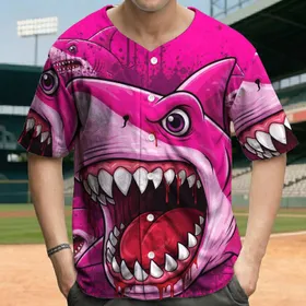 Pink Shark Heads Razor Teeth Blood Drips Glowing Eye - Aquatic Animal Lover Gift Baseball Jersey