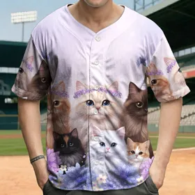 Fluffy Cats Lavender Floral Garden - Cat Lover Gift Baseball Jersey