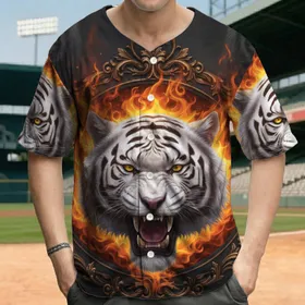 Roaring White Tiger Head Fiery Flames Baroque Scrollwork - Wildlife Lover Gift Baseball Jersey