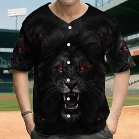 Snarling Black Lion Heads Red Eyes Bared Fangs Dark Fur - Wildlife Lover Gift Baseball Jersey