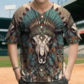 Bull Skull Tribal Headdress Horns Feathers Amulet Motifs - Boho Lifestyle Gift Baseball Jersey
