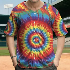 Multi-Color Central Tie-Dye Spiral Swirls - Full Spectrum Rainbow Everyday Casual Fashion Baseball Jersey