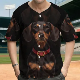 Alert Gaze Brown Black Dachshund Dog Red Collar Gold Buckle Ghost Heads - Dachshund Lover Gift Baseball Jersey