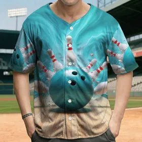 Teal Bowling Ball Strike Pins Action - Bowling Alley Recreation Sport Gift Baseball Jersey