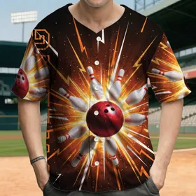 Red Bowling Ball Pins Action Word Bowling Fiery Energy - Bowling Enthusiast Gift Baseball Jersey