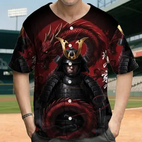Samurai Warrior Dark Armor Gold Crest Red Dragon Kanji Red Aura - Japanese Culture Gift Baseball Jersey