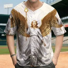 Majestic Angel Golden Feathered Wings Sword - Inspirational Faith Gift for Angel Lovers Baseball Jersey