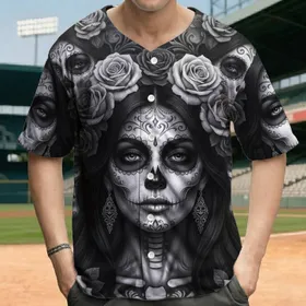 Calavera Skull Woman Roses Gothic Scrollwork - Dia de los Muertos Celebration Gift Baseball Jersey
