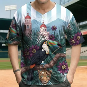 Toucan Leopard Tropical Jungle Architecture Red Roof Church - Adventure Lover Gift Baseball Jersey