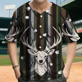 Antlered Deer Head Deep Forest Tree Trunks Winter Snow Earthy Striped - Wildlife Lover Gift Baseball Jersey