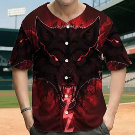 Black Wolf Head Bared Fangs Red Lightning White Outline - Fantasy Fan Gift Baseball Jersey