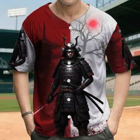 Stoic Samurai Warrior Crimson Katanas Blood Splatter Pagoda Bare Tree Red Sun - Fantasy Lover Gift Baseball Jersey