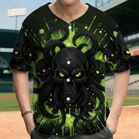Armored Skull Tentacles Neon Eyes Lime Drip - Gothic Dark Fantasy Attire Baseball Jersey