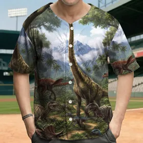 Dinosaur Herd Prehistoric Jungle Landscape - Ancient World Lover Gift Baseball Jersey