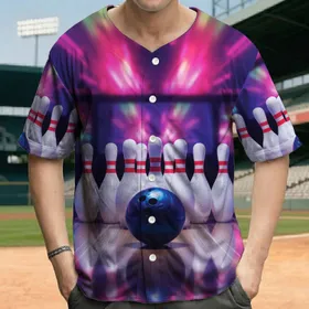 Bowling Ball Pins Polished Lane Neon Club Bokeh - Bowling Enthusiast Game Night Gift Baseball Jersey