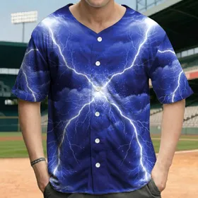 Branching Lightning Bolts Swirling Storm Clouds Stars Night Sky - Everyday Wear Baseball Jersey