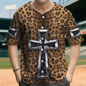 Angular Inset Chrome Silver Cross Realistic Leopard Fur - Everyday Style Gift for Animal Lovers Baseball Jersey
