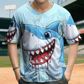 Grinning Sharp-Toothed Cartoon Shark Heads with Red Gums - Marine Life Enthusiast Gift Baseball Jersey