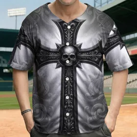 Aged Metal Gothic Cross Skull Fleur-de-lis - Dark Lifestyle Gift Baseball Jersey