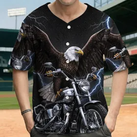 Bald Eagle Motorcycle Lightning Wildlife Enthusiast Gift for Motorcycle Rider Baseball Jersey