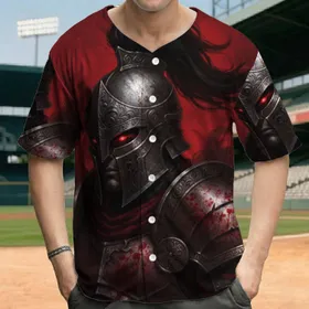 Ornate Weathered Armored Warrior Glowing Red Eyes Helmet - Dark Fantasy Lover Gift Baseball Jersey