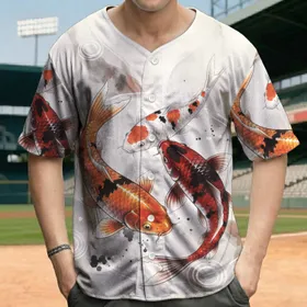 Dynamic Vivid Orange Red Koi Fish Japanese Sumi-e Ink Wash - Wildlife Lover Gift for Nature Admirers Baseball Jersey