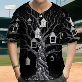 Gnarled Tree Houses Bare Branches - Fantasy Realm Gift Baseball Jersey