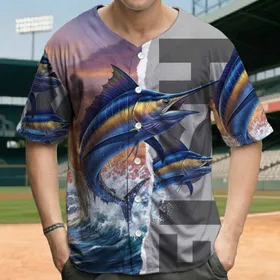 Leaping Blue Marlin Fishing Boat Ocean Sunset Tear 'FISH' - Angler Lifestyle Gift Baseball Jersey