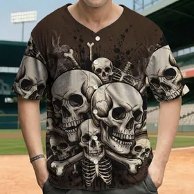 Human Skulls Crossed Bones Bone Fragments Splatter Wisp Grunge - Halloween Party Wear Baseball Jersey