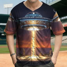 Metallic UFO Golden Beam Ancient Glyphs Stone Ruins - Sci-Fi Collector Gift Baseball Jersey