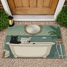Black Cat Clawfoot Bathtub Newspaper - Home Decor Gift for Cat Lover Doormat