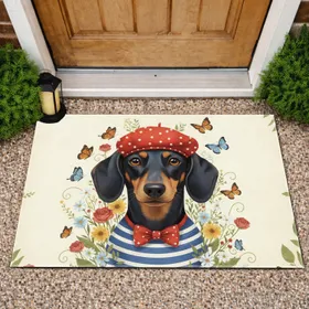 Black Tan Dachshund Beret Butterflies Wildflowers - Dog Lover Home Decor Gift Doormat