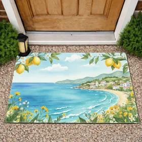 Mediterranean Coastal Landscape Lemon Trees Buildings Sky - Home Decor Gift Doormat