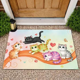 Five Cartoon Cats Orange Wave Hearts Paw Prints - Cat Lover Home Decor Gift Doormat