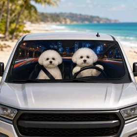Two Bichon Frise Dogs Night City Drive Urban Commute Decor Gift For Dog Lovers And Fans Car Sunshade