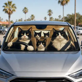 Realistic Tuxedo Cat Road Trip Crew With Beige Cabin Travel Vibes For Cat Lovers Car Sunshade