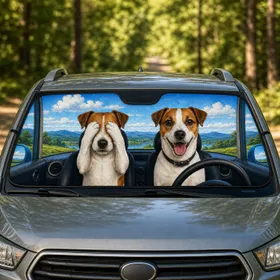 Funny Jack Russell Terriers On Road Trip Dashboard Scene For Dog Lovers And Drivers Car Sunshade