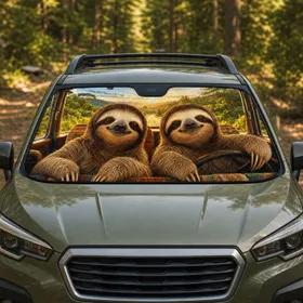 Realistic Sloth Road Trip Scene With Cozy Cabin Views For Nature Loving Daily Drivers Car Sunshade