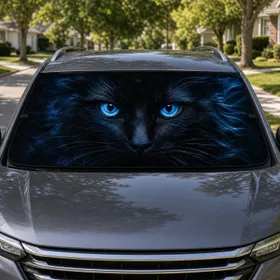 Blue Eyed Black Cat Face Dark Gothic Travel Decor For Cat Lovers And Night Drivers Car Sunshade