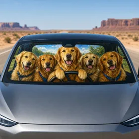 Happy Five Golden Retrievers In Cozy Cabin Family Road Trip Decor Gift For Dog Owners Car Sunshade