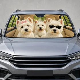 Three White Terrier Dogs In Beige Road Trip Cabin For Pet Lovers Family Travel Decor Car Sunshade
