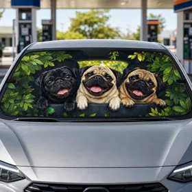 Three Happy Pugs With Wrinkly Faces For Cozy Pet Lover Road Trips And Family Gifts Car Sunshade